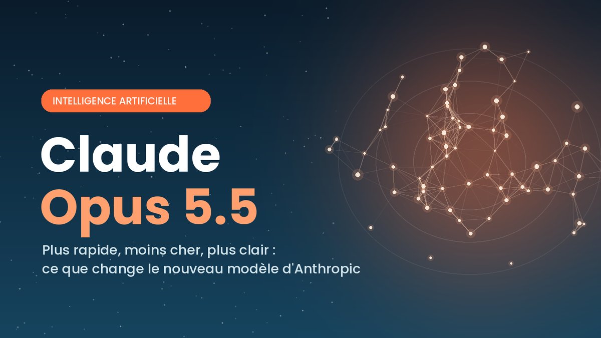 Illustration Claude Opus 5.5 : réseau de points lumineux reliés sur fond bleu nuit et orange