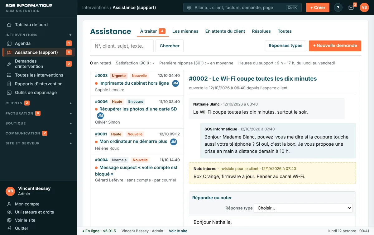 La liste des clients, avec les appareils à l'atelier et les interventions en cours à côté