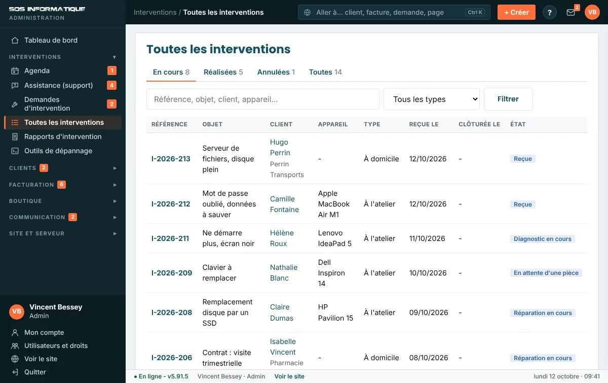 La fiche client - interventions, appareils, factures, devis, assistance et rendez-vous