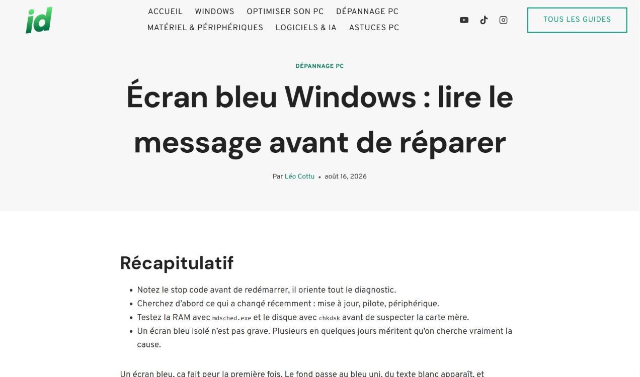 Le guide « Écran bleu Windows » d'infodigitae : l'essentiel d'abord, le détail ensuite