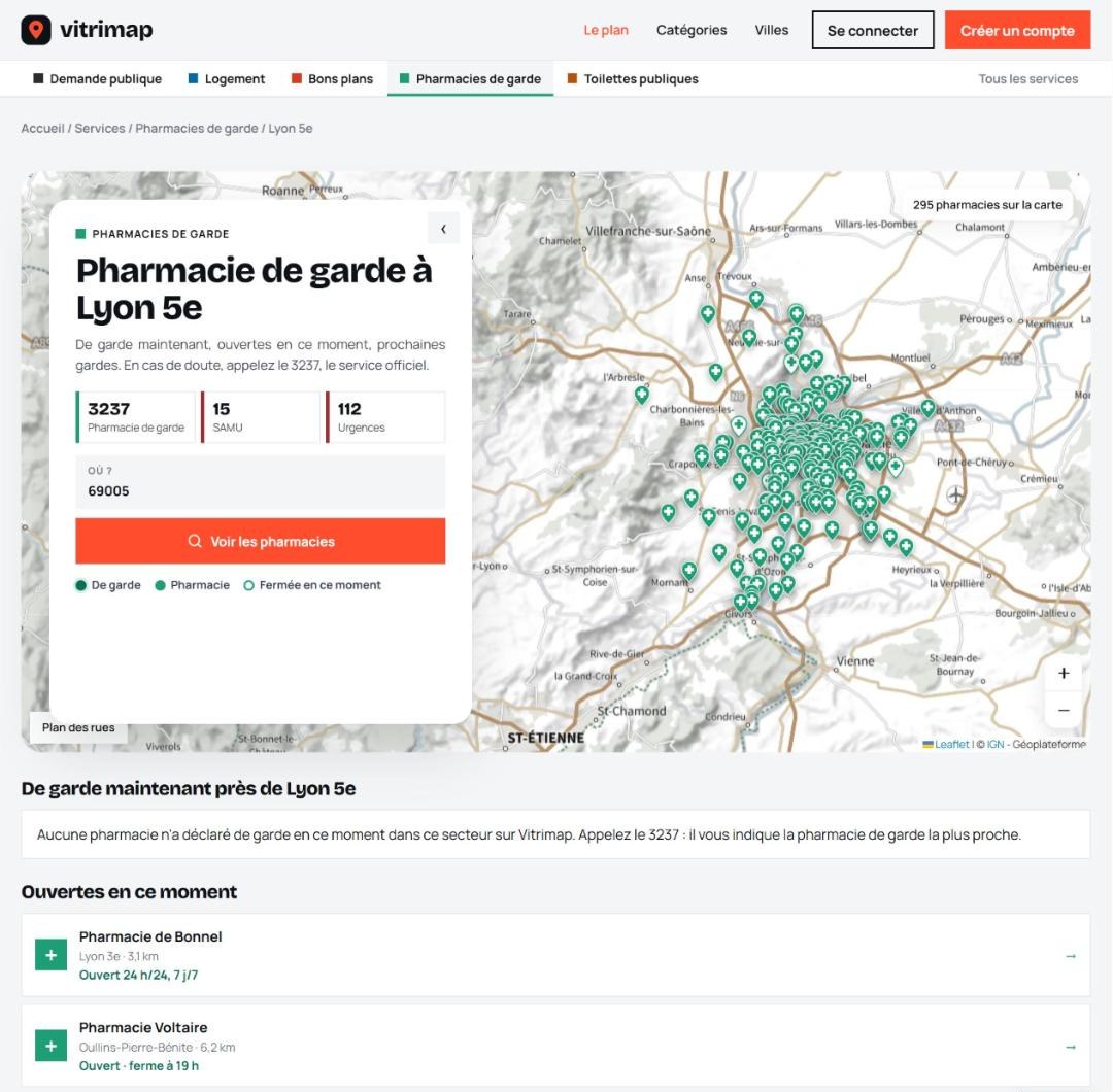 Les pharmacies autour de Lyon 5e, avec les numéros d'urgence toujours visibles