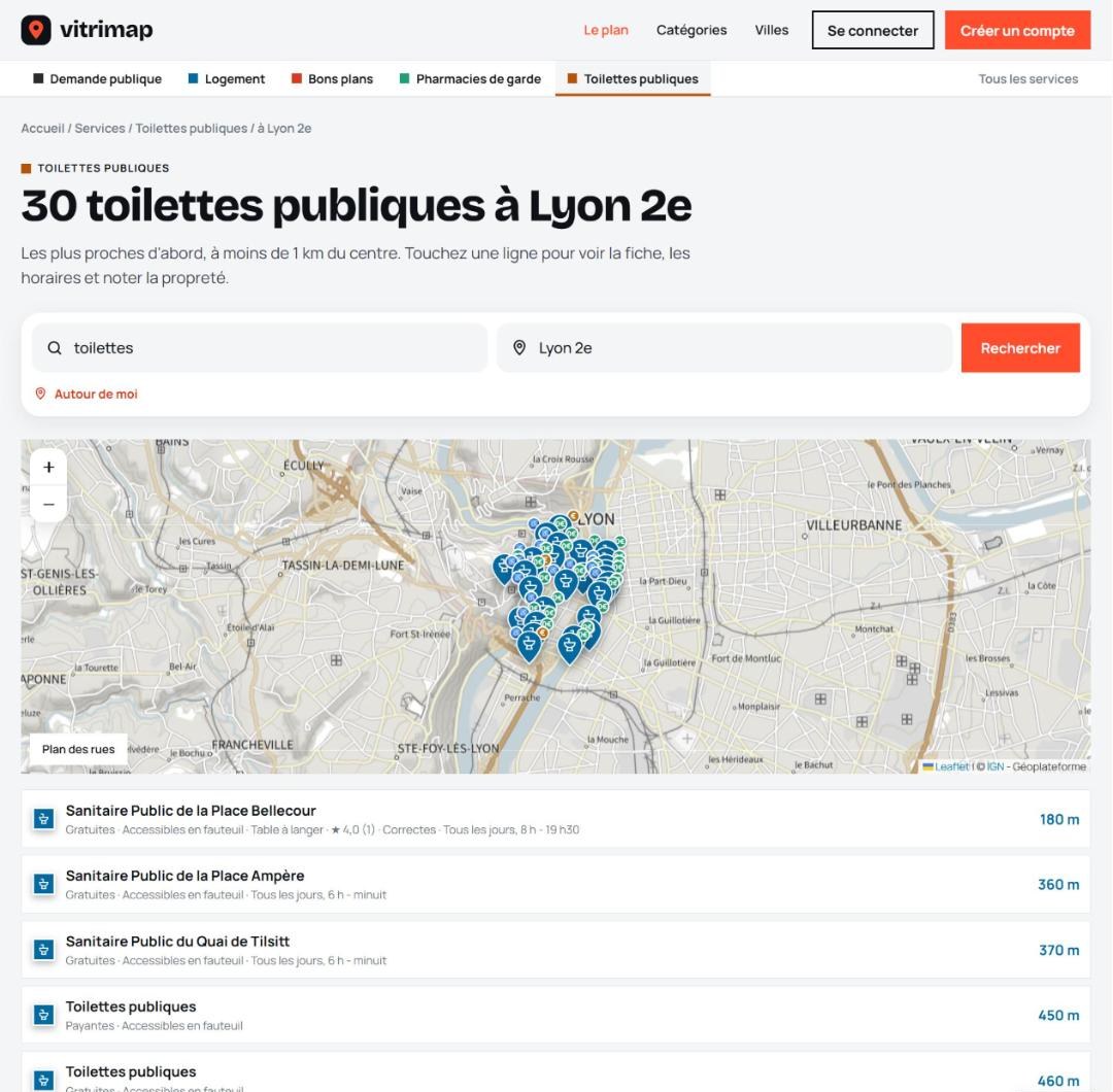 30 toilettes publiques à Lyon 2e, des plus proches aux plus lointaines
