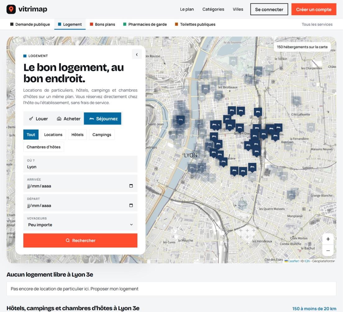 Logement, onglet Séjournez : les hôtels, campings et chambres d'hôtes sur le plan
