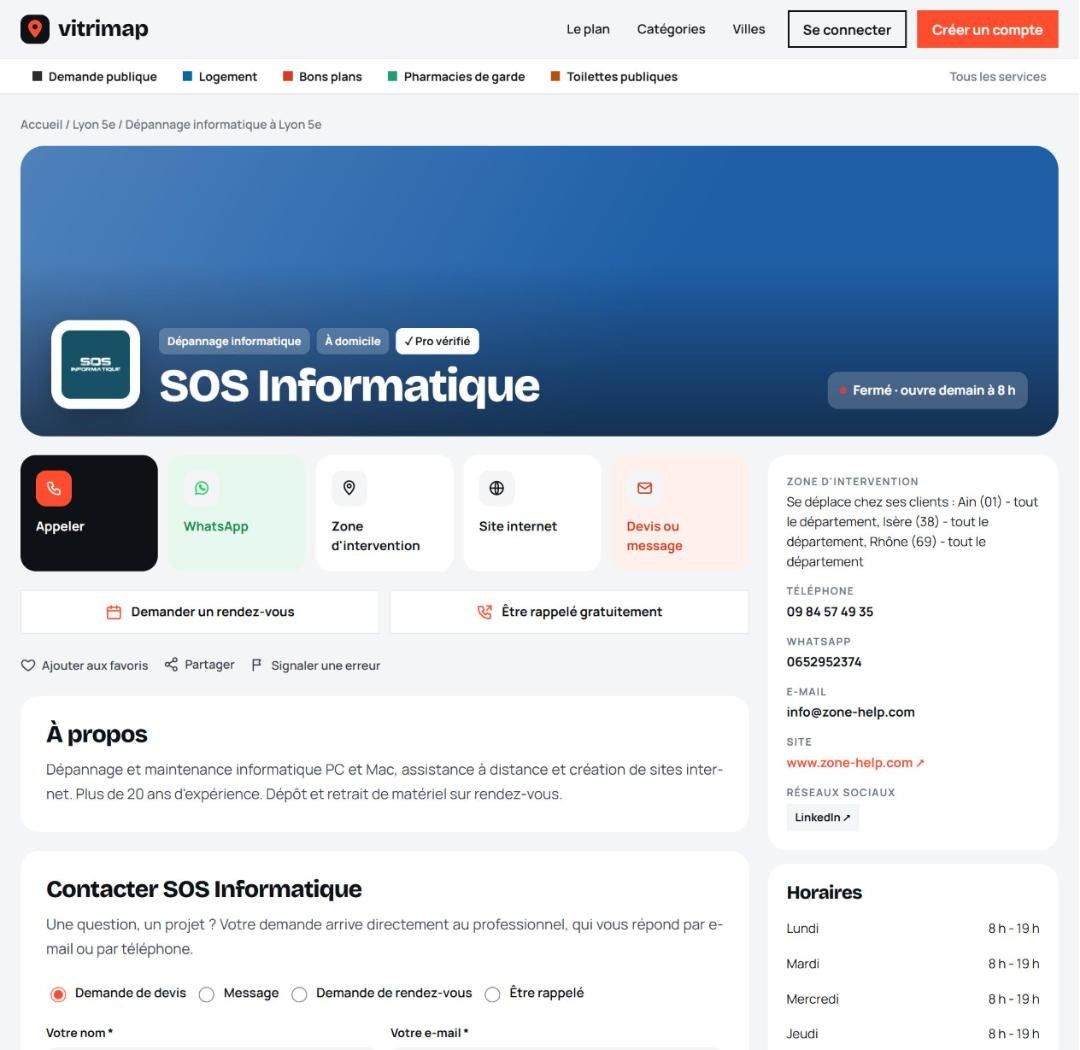 La fiche d'un professionnel vérifié, avec ses boutons d'action et ses horaires