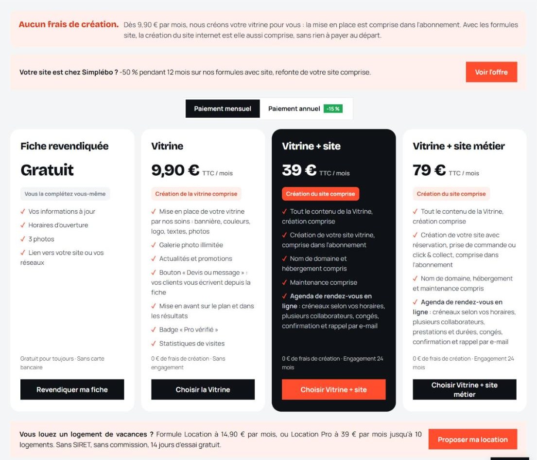 Les formules pour les professionnels, de la fiche gratuite à la vitrine avec site internet