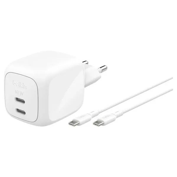 Belkin Chargeur USB-C 65W double USB-C pour ordinateur, Téléphone et Tablette avec câble de 2m (Blanc)
