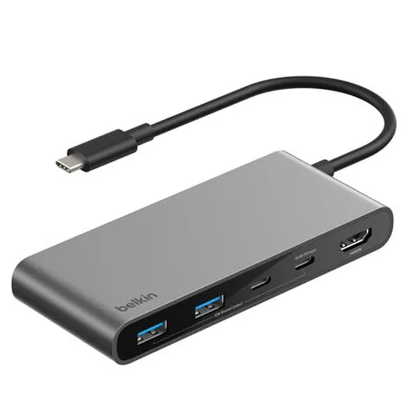 Belkin Hub USB-C avec 1 x HDMI 4K, 2x USB-C, 2x USB-A et Carte SD et 100W Passthrough (Gris)
