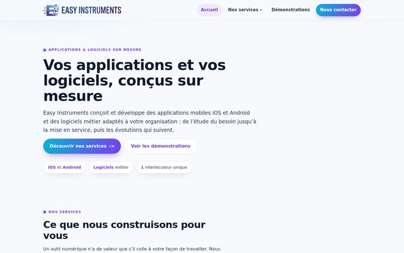 Page d'accueil du site Easy Instruments, developpement d'applications mobiles